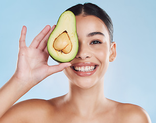 Image showing Avocado skincare, beauty and clear skin routine for wellness and health with natural ingredients for glowing results. Portrait, smile and face of young model happy with organic spa treatment