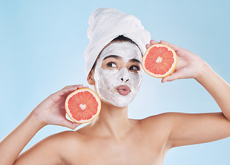 Image showing Skincare woman with fruit skin, health and face mask for wellness, health and face product. Portrait of healthy, facial and nutrition with beauty, luxury and food or organic citrus in girl model hand