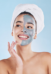 Image showing Skincare, facial mask beauty model and health woman with wellness, cosmetic and relax spa therapy with smile. Portrait of healthcare girl with grooming face, happy and healthy product