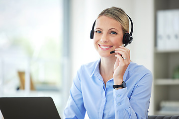 Image showing Contact us, customer service and telemarketing call center agent using her laptop and headset in the office. Portrait of a woman at our sales help desk job, smile and working to tell you about us