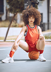 Image showing Basketball player with funky, confident and cool attitude ready for competition, game or training match on a sports court. Portrait of young woman, healthy athlete and afro female ready for fitness