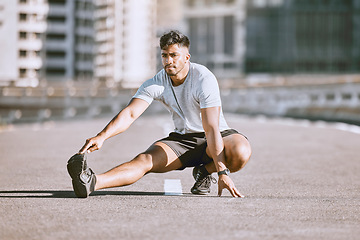 Image showing Fitness muscles stretching in city street, young man daily jogging and morning workout training. Physical warmup activity, healthy wellness coaching, sports practice and running for cardio exercise.