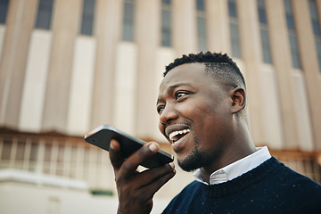 Image showing Business man recording audio message with phone, communication with 5g technology in city and talking on smartphone while walking. Corporate guy using online voice app in hand