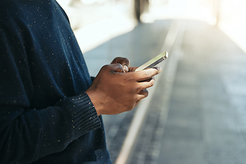 Image showing Hands, phone or networking on social media app, internet search or digital iot. Closeup black man with 5g communication technology planning schedule, writing email or using contact us page on website