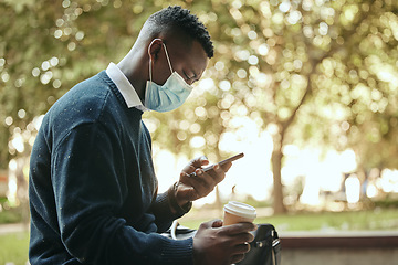 Image showing Park break, phone and mask for covid compliance with stress, depression and sad worker reading work search advertising. Fired city businessman or employee on contact us digital hiring website on tech