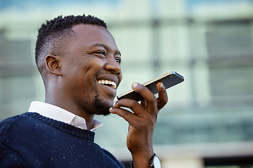 Image showing Digital contact communication, phone voice recording message or phone call. Happy African businessman audio memo, speaking online technology and virtual assistant note with city bokeh background.