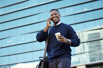 Image showing Coffee break and businessman on phone call with smile, talking or having business communication online, contact us and company background. Corporate professional black man networking with smartphone