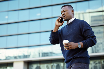 Image showing Business man talking on phone call, mobile communication with coffee in city and planning work with conversation on 5g smartphone. Frustrated and concerned employee and worker in discussion on tech