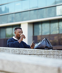 Image showing Businessman, relax and drinking coffee outside work on phone, checking social media or making internet or web search. Corporate manager, worker or employee working in finance or accounting on mobile