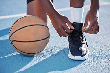 Image showing Fitness man on a court with a basketball for training, exercise and a workout by playing sports in athletic shoes. African athlete living a healthy, wellness and motivational lifestyle in summer