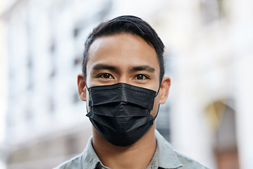 Image showing Face mask, man or covid compliance portrait and motivation vision to stop global danger virus. Asian city headshot, street pedestrian or immigration people on morning commute and buildings background