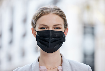 Image showing Covid face mask and business woman in city with happy portrait, vision for future success and leadership. Trust, care and responsible leader, boss or compliance manager preventing the spread of virus