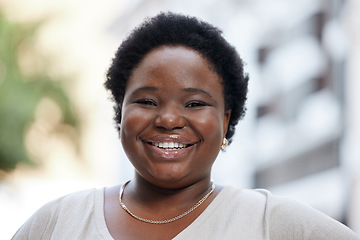 Image showing Portrait face happy black business woman smiling in the city, looking excited to start her new corporate job. African American employee joyful at the start of career, motivation, ambition and vision