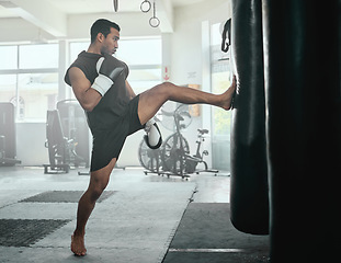 Image showing Male athlete kicking a punching bag in a gym while practicing, training and fitness exercise. Strong professional fighter or athletic man in a health and wellness club busy with a combat workout