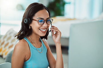 Image showing Call centre, customer service and agent with computer talking to customers, helping or answering calls in office. Smiling, happy or friendly helpdesk operator, secretary and contact us client support