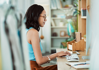 Image showing Typing, pc and entrepreneur sitting at desk while sending and checking client email. Startup, small business and manager of office online. Work at home professional and remote career using internet.