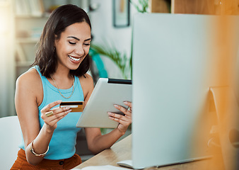 Image showing Online shopping with credit card and tablet while paying for her streaming subscription or bill. Happy woman enjoy break and online shopping or purchasing items on eCommerce website with fintech app