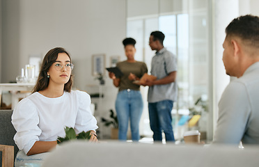 Image showing Coworking, planning and business people meeting, creative collaboration and marketing communication. Teamwork, busy and employees talking about strategy for business, productivity and goals at work