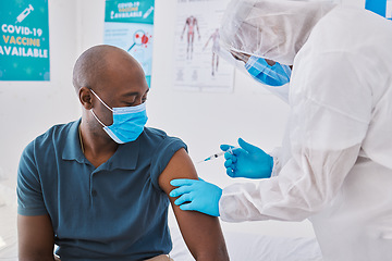 Image showing Covid vaccine, injection and disease cure given with needle and syringe by a doctor in a clinic. Patient getting a flu jab, antiviral shot and health treatment to boost immunity and prevent illness