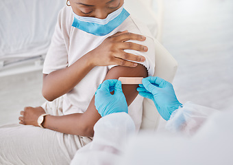 Image showing Covid vaccine, mask and nurse giving plaster to patient. Medical worker covering arm with care after doing checks in lab. Consulting, trust and medicine for virus immunity and science.