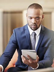 Image showing Business man, tablet and digital reading of a employee working on ceo growth and data. Office manager planning on technology looking at worker website schedule and corporate boss management