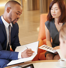 Image showing Schedule, finance and business people in a meeting planning and writing a financial agenda in a notebook. Diversity, collaboration and black man coworking with an Asian woman on a management strategy