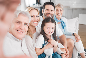 Image showing Big family, happy and selfie on home sofa with grandparents, parents and child together. Relax, family home and photograph memory in Australia house with mother, dad and senior relatives.