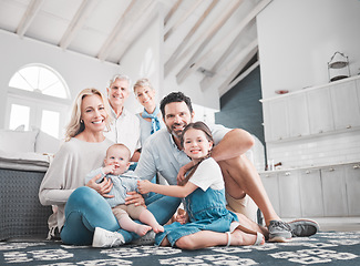 Image showing Family, love and portrait of big family relax in the family home for fun and care with mother, father and grandparents. Generations, grandfather and grandmother with parents and children bond at home