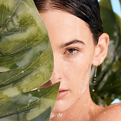 Image showing Monstera, skincare and woman in studio shower for natural makeup, beauty and eco friendly cosmetics with face aesthetic. Plant, leaf and nature with young model portrait and water drops for facial