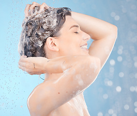 Image showing Shower, woman in studio and washing hair, shampoo and scalp for healthy skincare, body beauty or water splash on blue background. Happy model cleaning head with soap, foam or under water in hair care