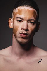 Image showing Vitiligo, skincare and portrait of black man with beauty, wellness face and luxury cosmetic against dark black studio background. Healthy body, facial dermatology and African model with care of skin