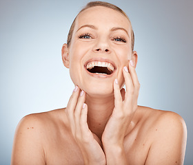 Image showing Woman, laugh or skincare face glow on grey studio background mock up in wellness, cosmetic or dermatology routine. Portrait, smile or beauty model and skin or happy facial expression for skin care
