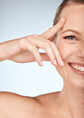 Image showing Woman, beauty and smile for skincare facial cosmetic treatment against a gradient studio background. Portrait of happy female model face smiling in happiness, satisfaction and perfect skin on mockup