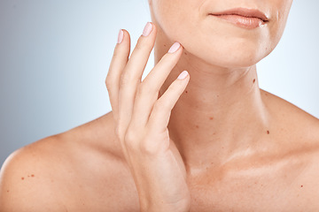 Image showing Beauty woman and manicure with skincare wellness for luxury cosmetic glow and self care treatment. Dermatology, aesthetic and natural nails on hand of body care model in gray studio gradient.