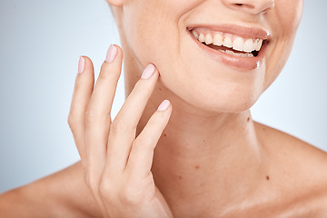 Image showing Skincare, beauty and closeup of mouth, woman with smile on face, luxury care for smooth skin on studio background. Happiness, health and wellness, portrait of girl with big smile and clean teeth.