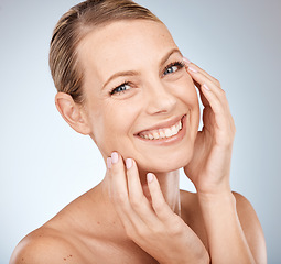 Image showing beauty, skincare and portrait of woman with smile on gray background for spa, wellness and facial treatment. Dermatology, cosmetics and face of happy girl for anti aging skincare products in studio