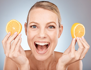 Image showing Detox skincare, beauty and face of woman with lemon for glowing skin hydration, body care or anti aging. Diy exfoliate, diet and model portrait with fruit product for natural skin care treatment