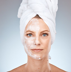 Image showing Facial, beauty and woman with face and skincare, cosmetic product, lotion or cream for moisturizer in cosmetics portrait. Skin mask, detox for glow with clean, fresh mockup with shower and hygiene.