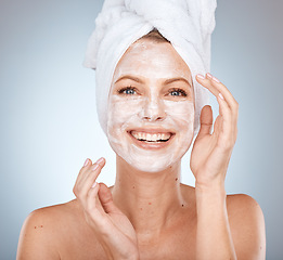 Image showing Portrait of woman facial and skincare mask after shower, body cleaning and cosmetics for beauty, detox and wellness on studio background. Happy model, face mask product and aesthetic transformation