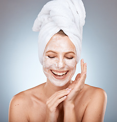 Image showing Beauty mask, facial and skincare with woman in studio with happiness for cosmetics, glow and dermatology product on grey background,. Face of Canada model with smile for clean, fresh and healthy skin