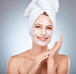 Image showing Skincare, face mask and portrait of woman in studio for beauty, cosmetics cleaning and cream product for marketing, advertising or promotion. Facial, collagen and dermatology of model face and hands