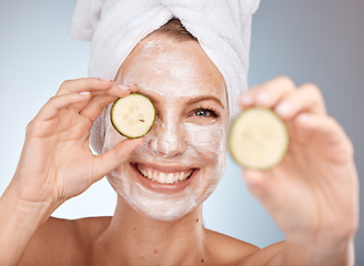 Image showing Beauty, spa and cucumber for face mask skincare for facial cosmetics and dermatology on a studio background for health and wellness. Portrait of aesthetic Canada model for luxury self care routine