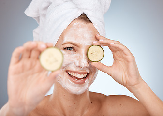 Image showing face mask, cucumber and smile for woman skincare beauty wellness, salon spa care or skin health portrait in studio. Luxury facial care, happy dermatology and natural skin therapy or healthy detox