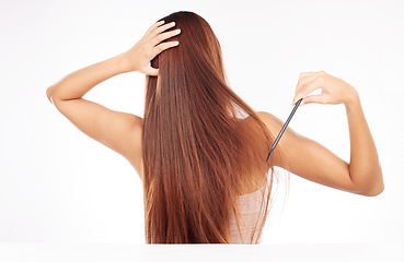 Image showing Hair care, beauty and wellness with comb in studio for luxury hair growth, spa salon and model cosmetic keratin shampoo care. Woman, brush long hair and straight hair maintenance in white background