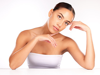 Image showing Portrait, woman and beauty in studio for skin care, relax and hygiene against white background. Face, skin and wellness girl model with product satisfaction, calm and content after luxury grooming