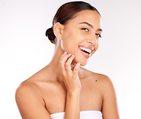 Image showing Skincare, beauty and portrait of latin woman on a white background in studio for wellness, spa and body care. Dermatology, health and face of happy girl for treatment, skincare products and cosmetics