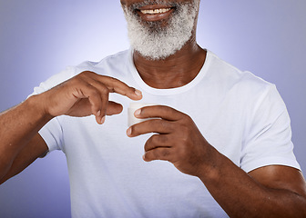 Image showing Hands, man and beauty cream for skin, anti aging and wrinkles or health and wellness on a grey studio background. African american male, moisturizer or lotion for cosmetic and dermatology grooming