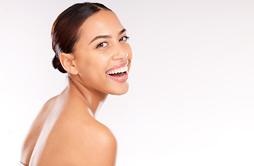 Image showing Beauty, skincare and happy with woman skin and face, teeth with natural cosmetics mockup, facial and treatment for body. Makeup, cosmetic portrait and smile for wellness and glow with studio backdrop
