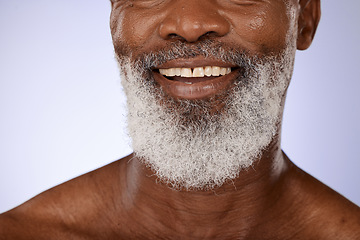 Image showing Zoom, dental or teeth of a black man with smile after dentist appointment for teeth whitening or cleaning in studio. Tooth, mockup or happy elderly person with mouth or oral hygiene smiles with pride
