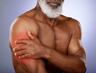 Image showing Senior, pain and black man with arm muscle inflammation from athlete bicep or workout injury. Athletic, injured and mature model touching muscular body tension with purple studio background.